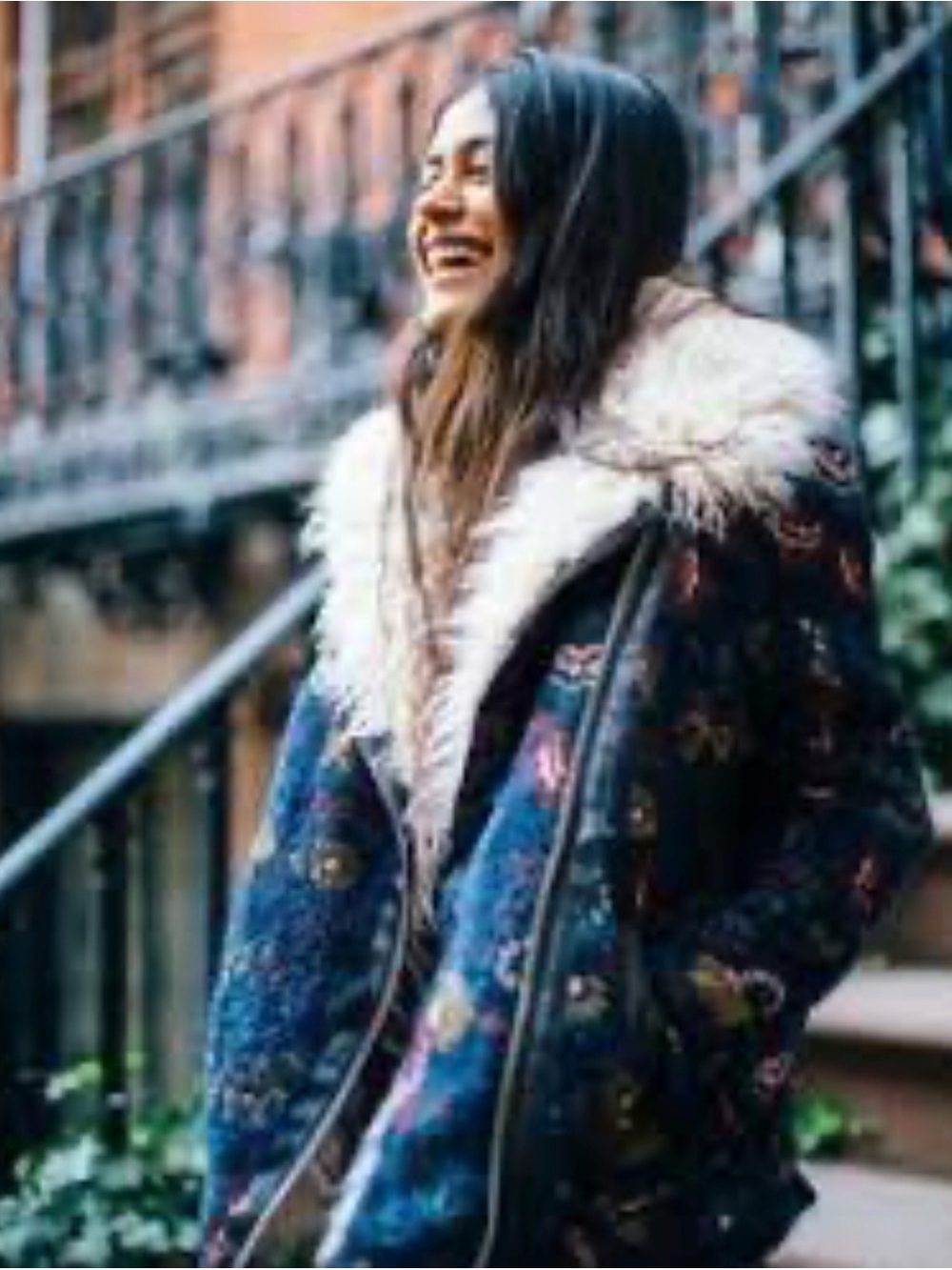 Free People Navy Floral Teddy Jacket with Cream Faux-Fur Collar